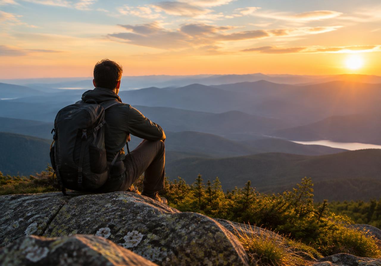 Personne contemplant un horizon montagneux au lever du soleil